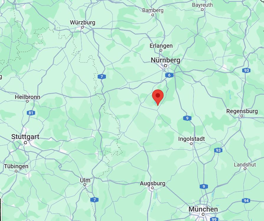 Kartenausschnitt Google zeigt Standort der Ferienwohnungen Wagner mit Terrasse und Garten im fränkischen Seenland